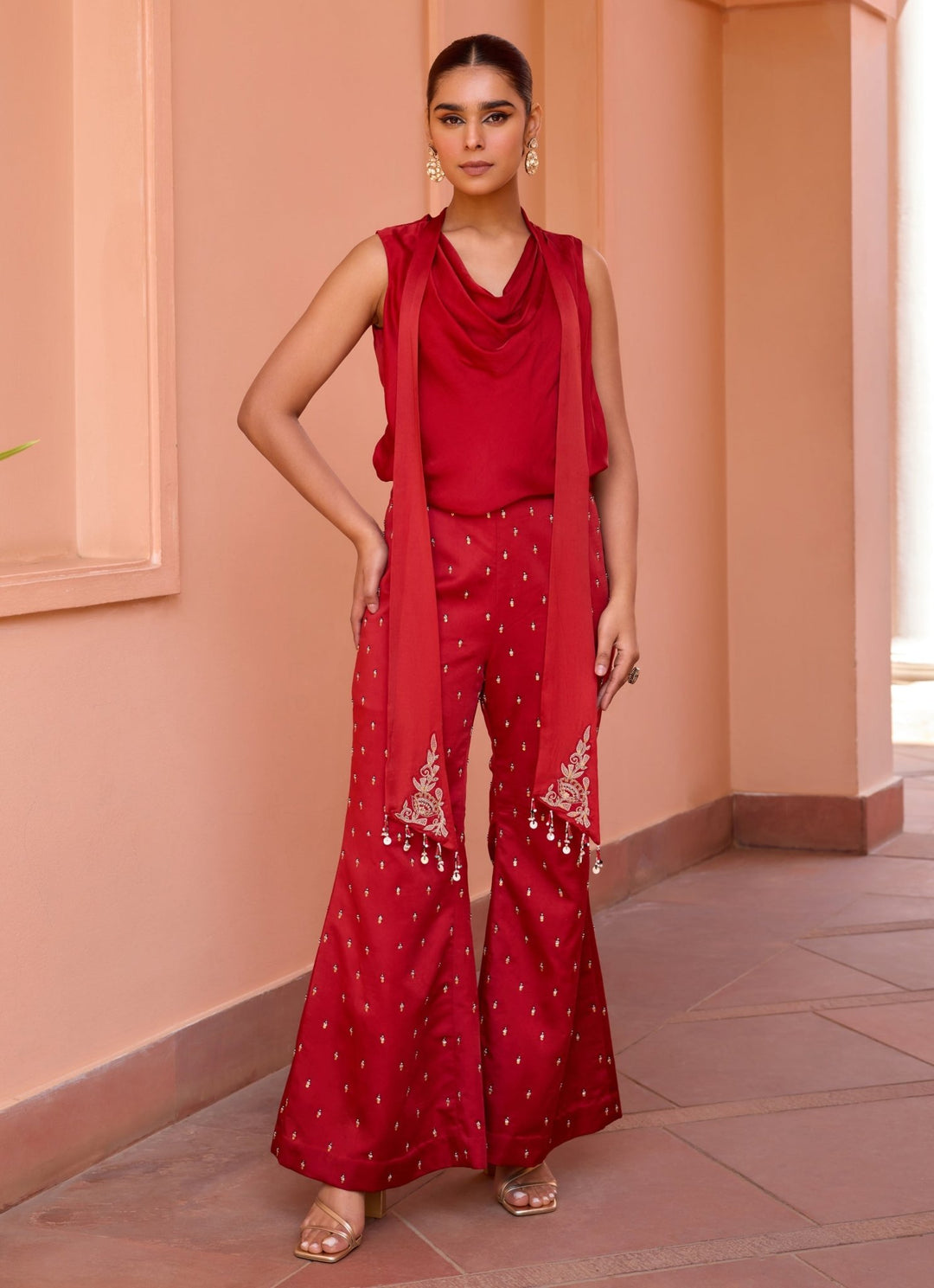 Red Cowl Drape Top With Pants Set Isha Gupta Tayal - Fabilicious Fashion