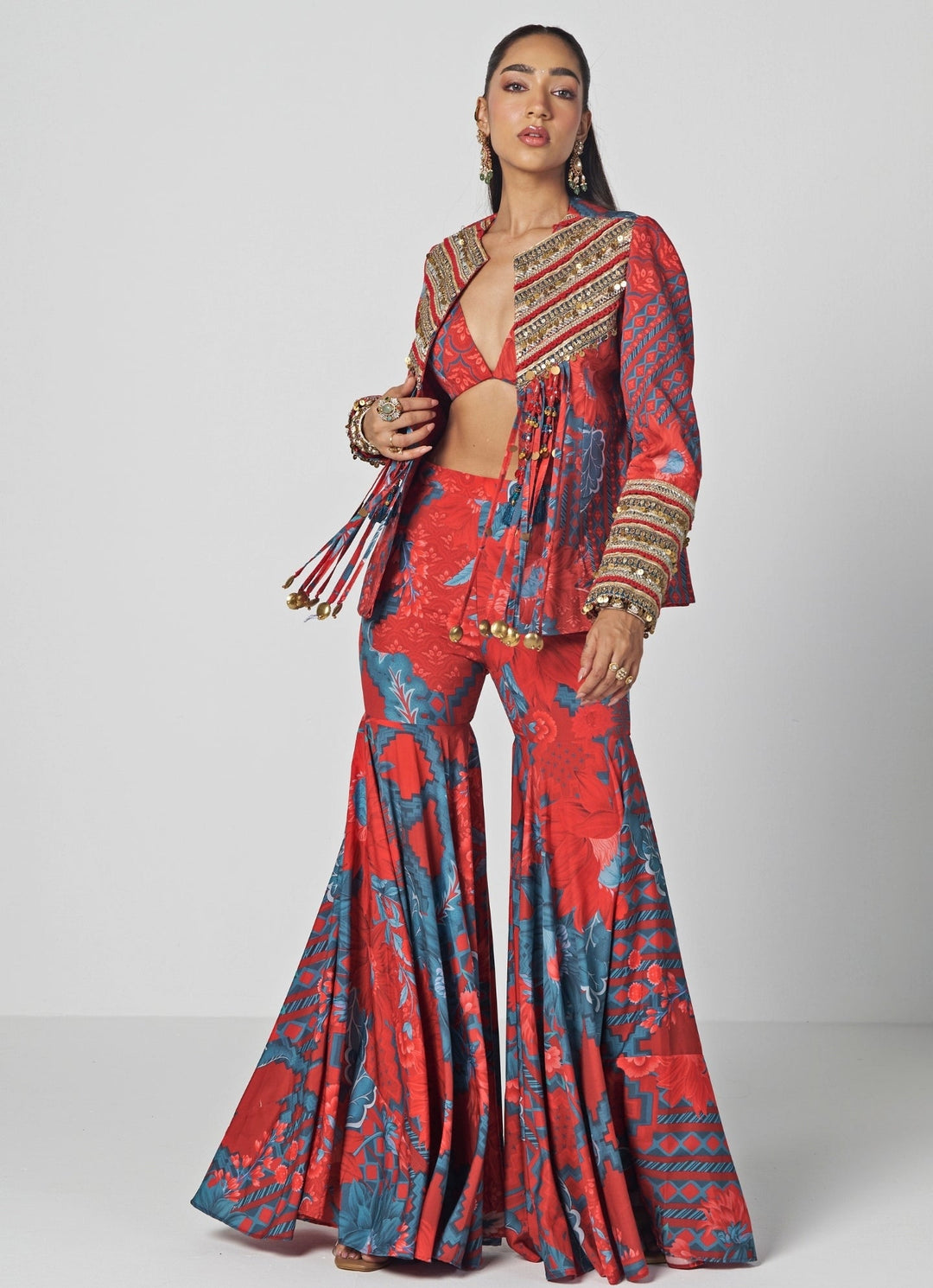 Rishi and Vibhuti Red Crepe Blouse Sharara Set With JacketFabilicious Fashion