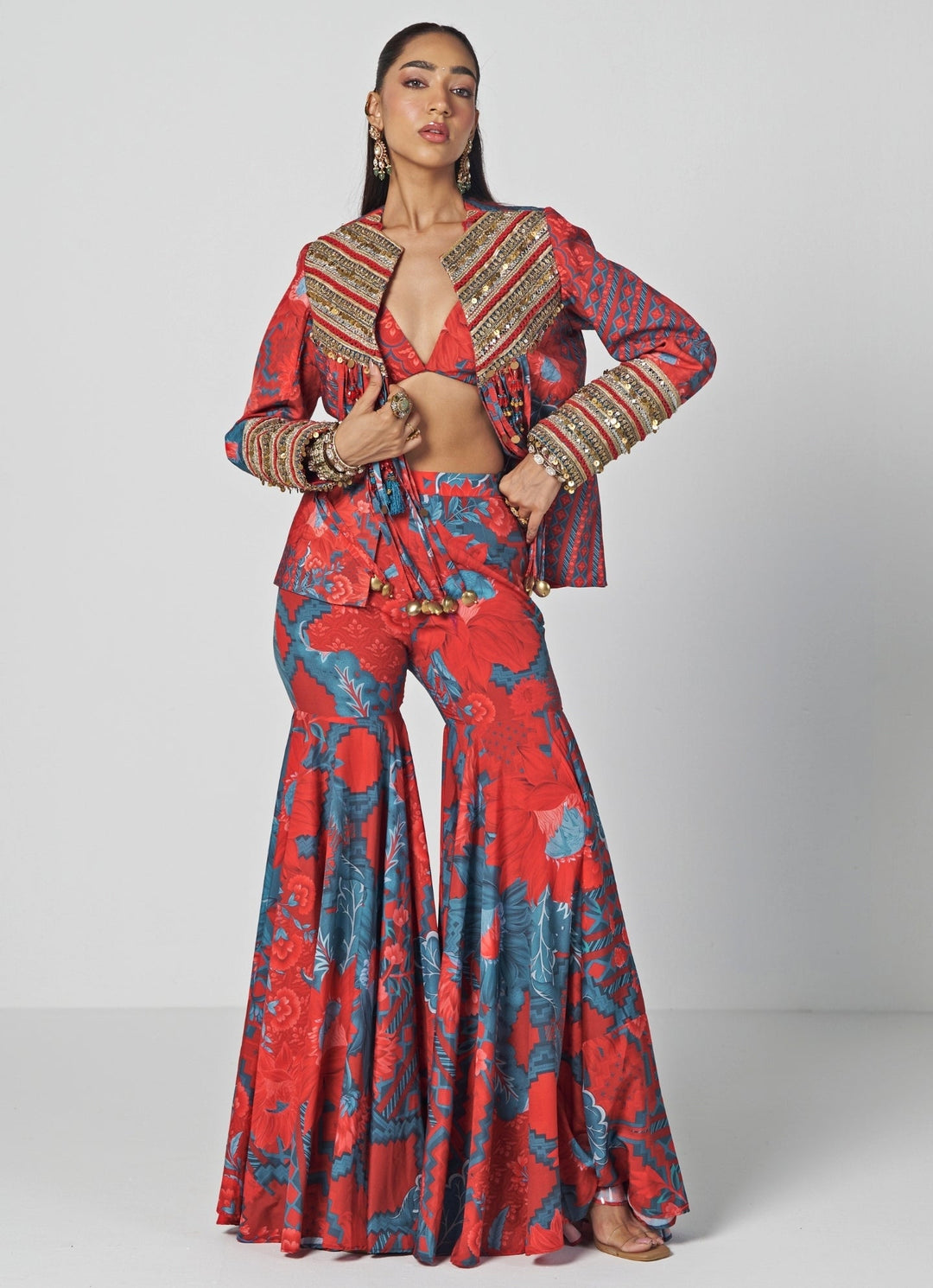 Rishi and Vibhuti Red Crepe Blouse Sharara Set With JacketFabilicious Fashion