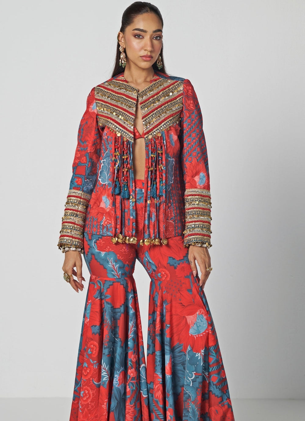 Rishi and Vibhuti Red Crepe Blouse Sharara Set With JacketFabilicious Fashion
