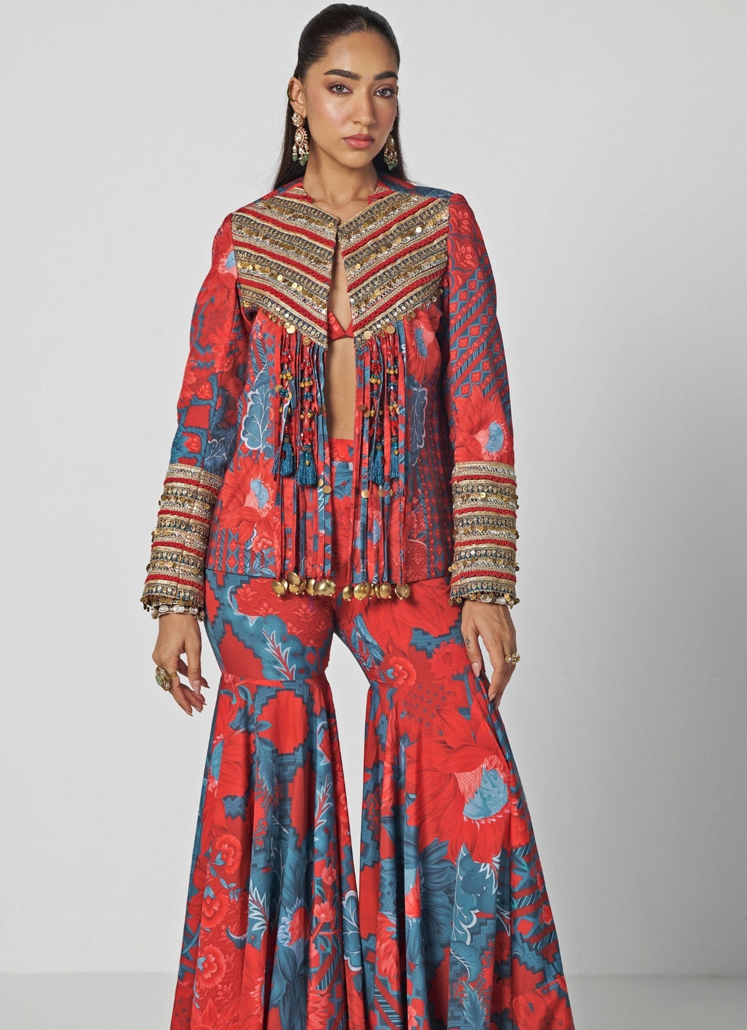 Rishi and Vibhuti Red Crepe Blouse Sharara Set With JacketFabilicious Fashion