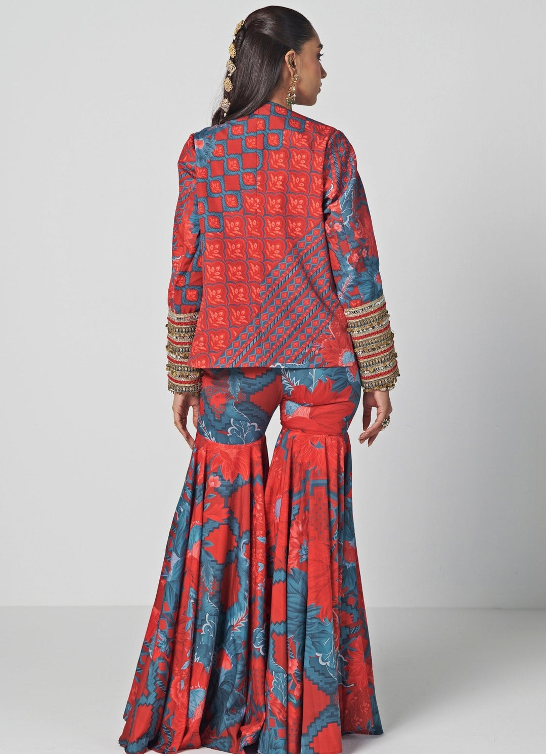 Rishi and Vibhuti Red Crepe Blouse Sharara Set With JacketFabilicious Fashion