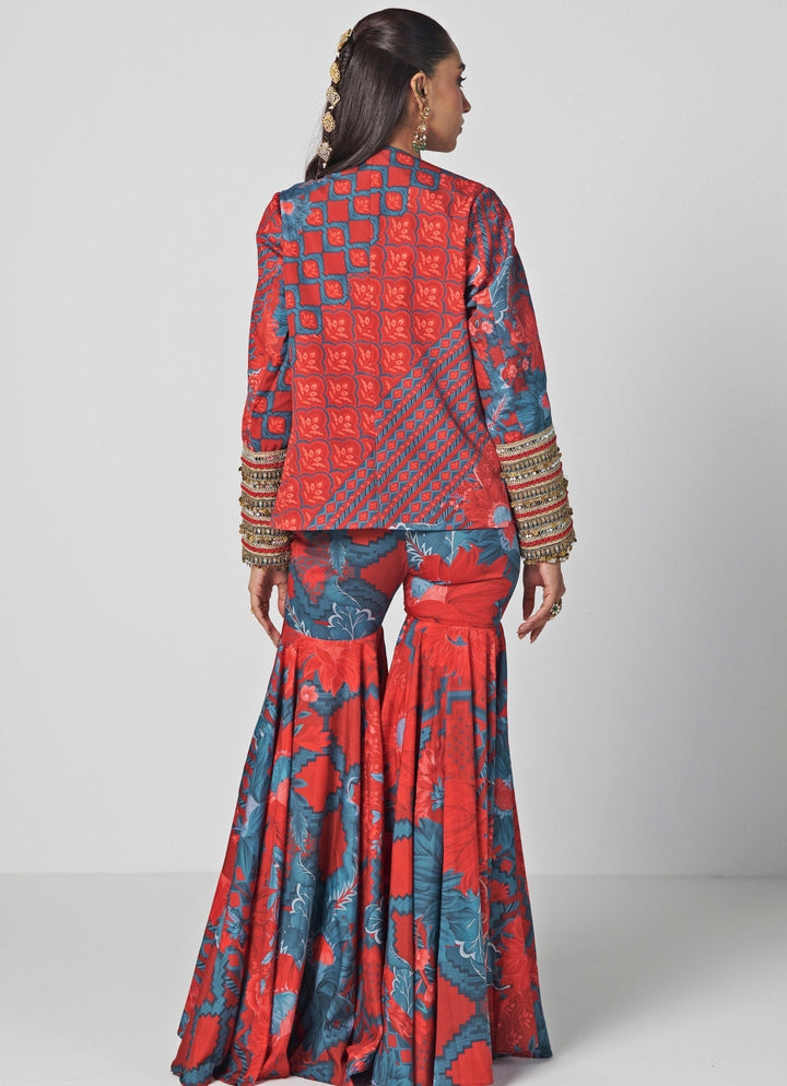 Rishi and Vibhuti Red Crepe Blouse Sharara Set With JacketFabilicious Fashion