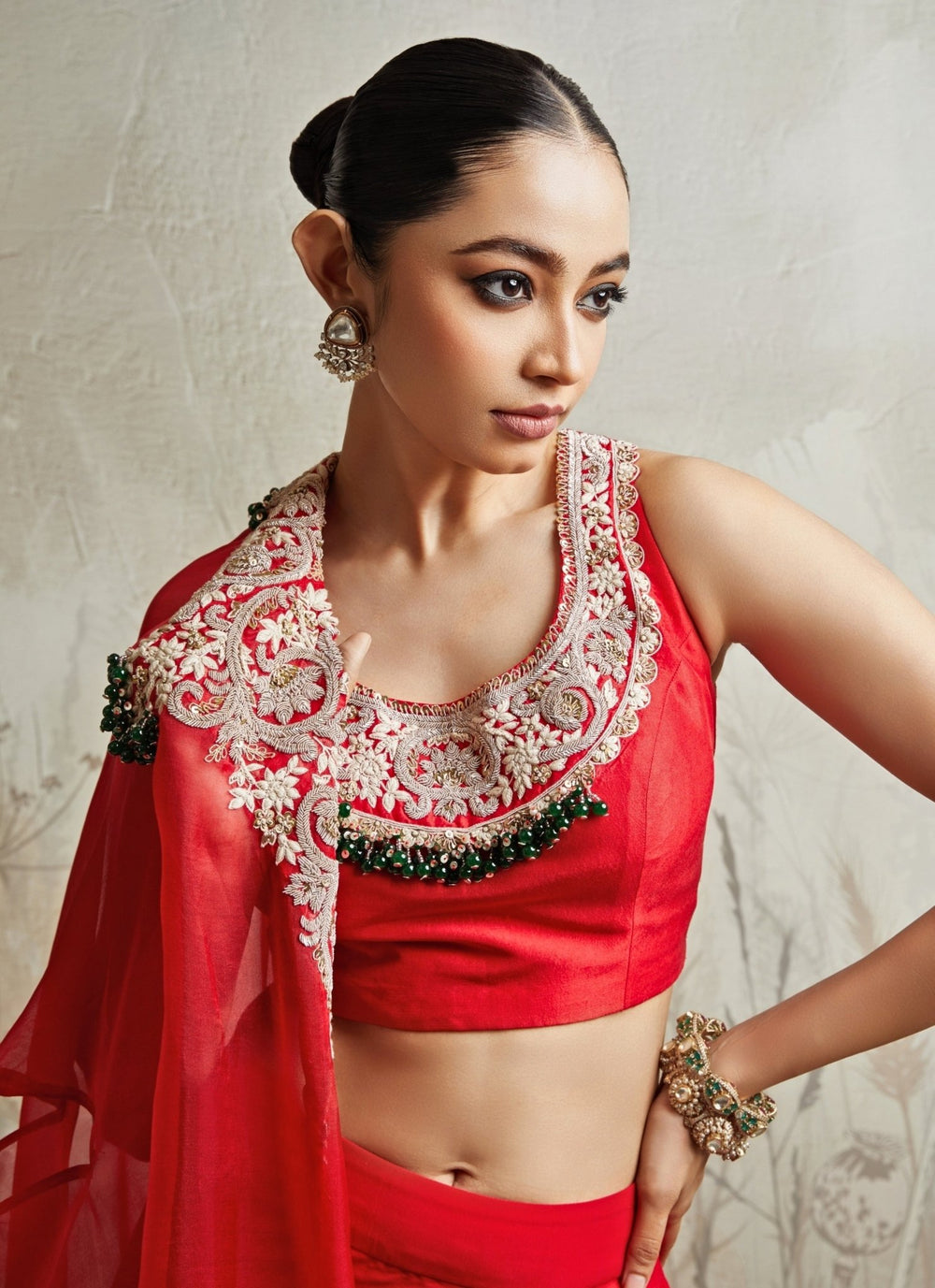 Prisho Red Crepe Drape Skirt Set With JacketFabilicious Fashion