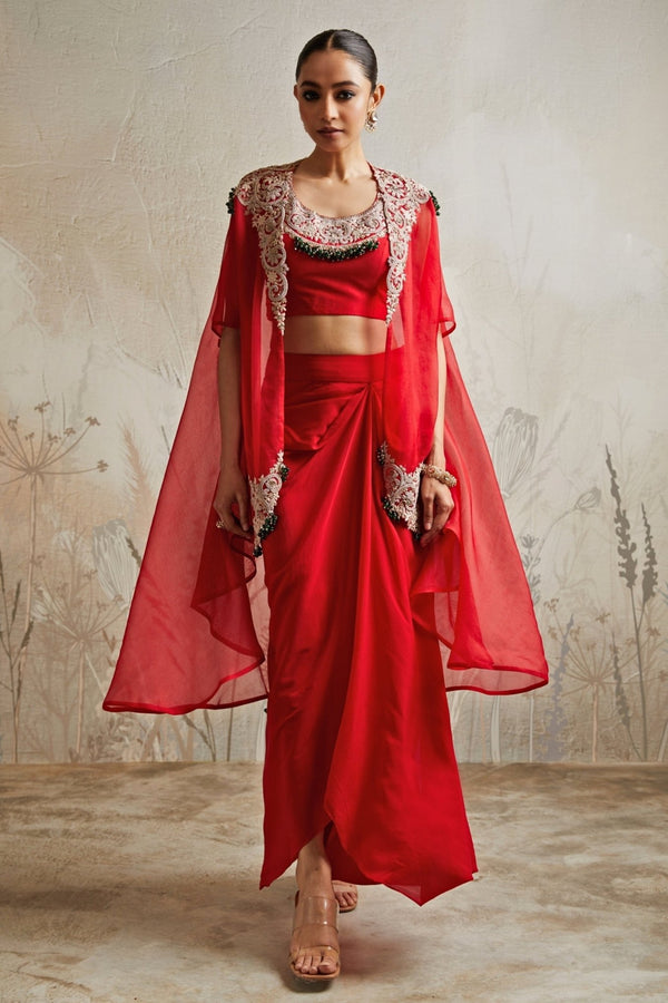 Red crepe drape skirt set with jacket by Prisho