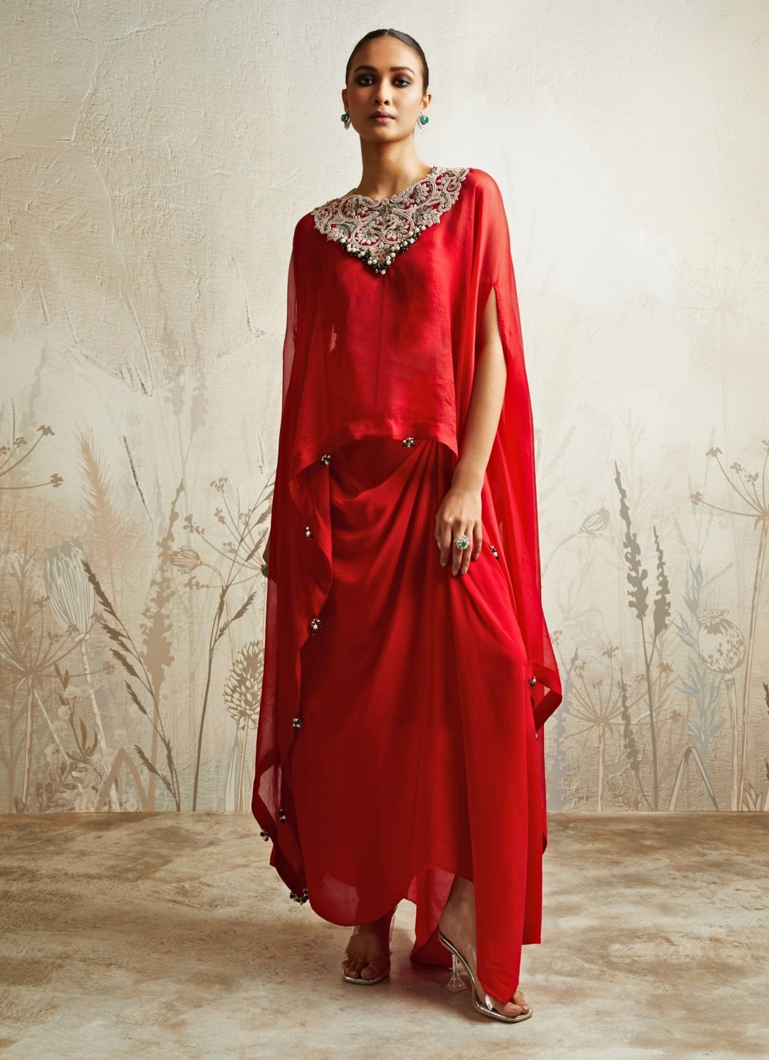 Prisho Red Crepe Drape Skirt Set With KaftanFabilicious Fashion