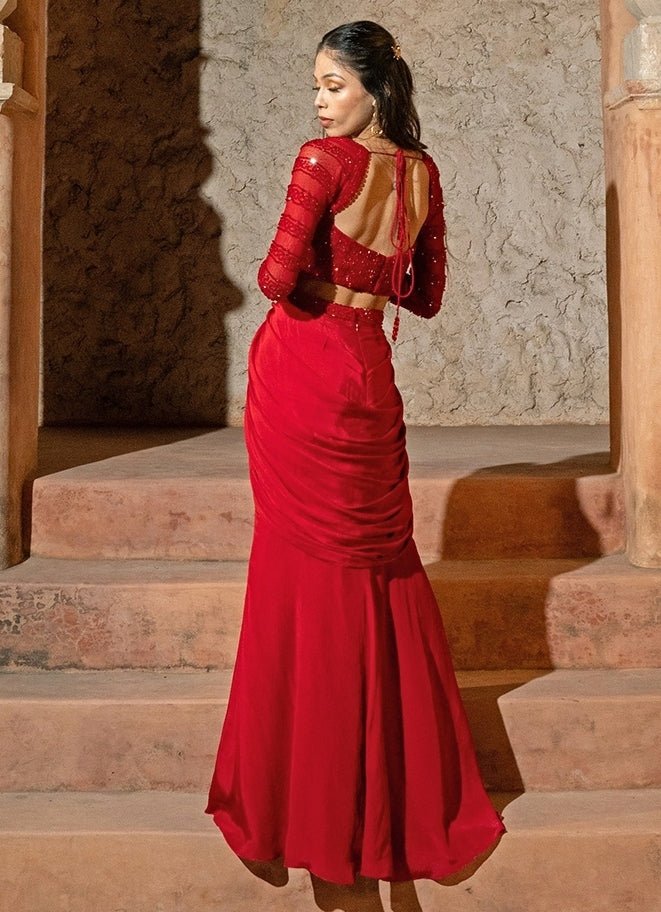 Red Crepe Drape Skirt With Corset Blouse Silky Bindra - Fabilicious Fashion
