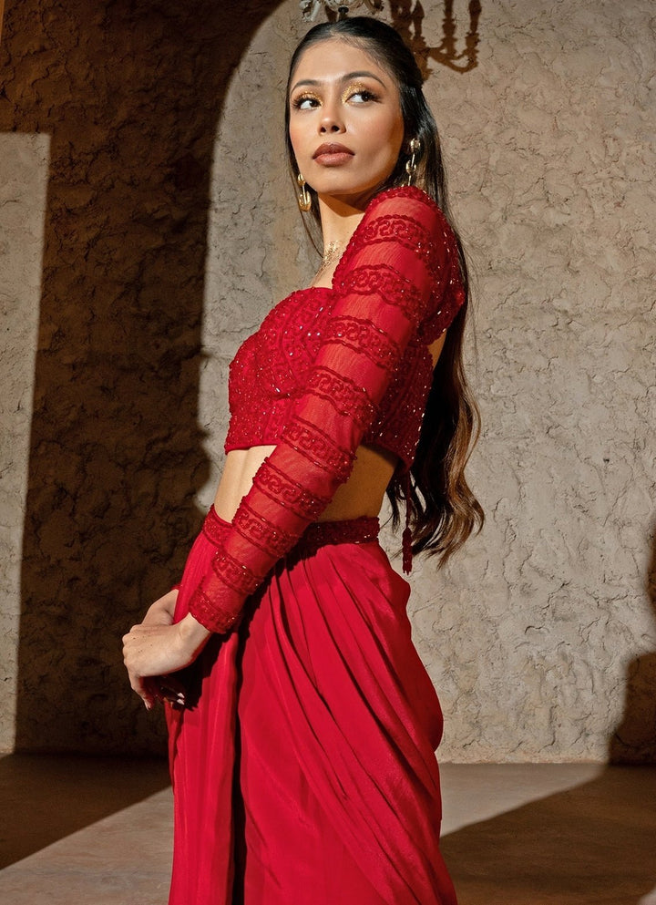 Red Crepe Drape Skirt With Corset Blouse Silky Bindra - Fabilicious Fashion
