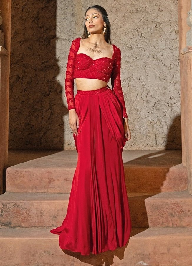 Red Crepe Drape Skirt With Corset Blouse Silky Bindra - Fabilicious Fashion
