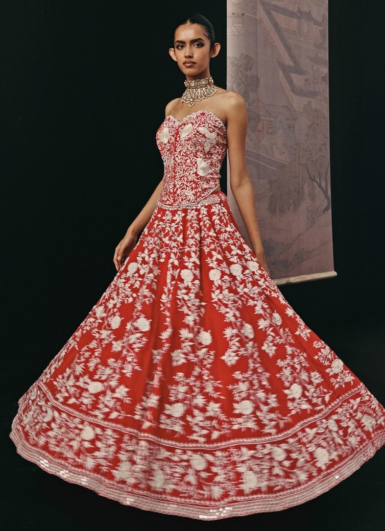 Red Crepe Silk Corset Lehenga With Cape Twenty Nine - Fabilicious Fashion
