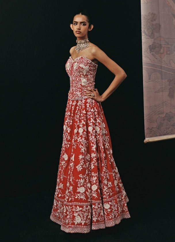 Red Crepe Silk Corset Lehenga With Cape Twenty Nine - Fabilicious Fashion