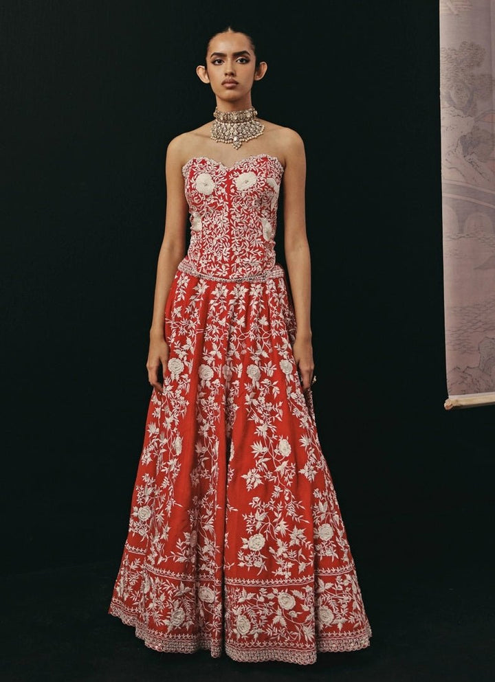 Red Crepe Silk Corset Lehenga With Cape Twenty Nine - Fabilicious Fashion