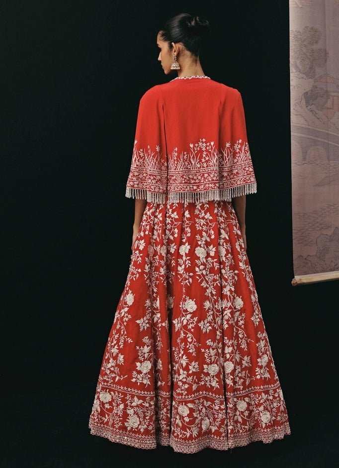 Red Crepe Silk Corset Lehenga With Cape Twenty Nine - Fabilicious Fashion