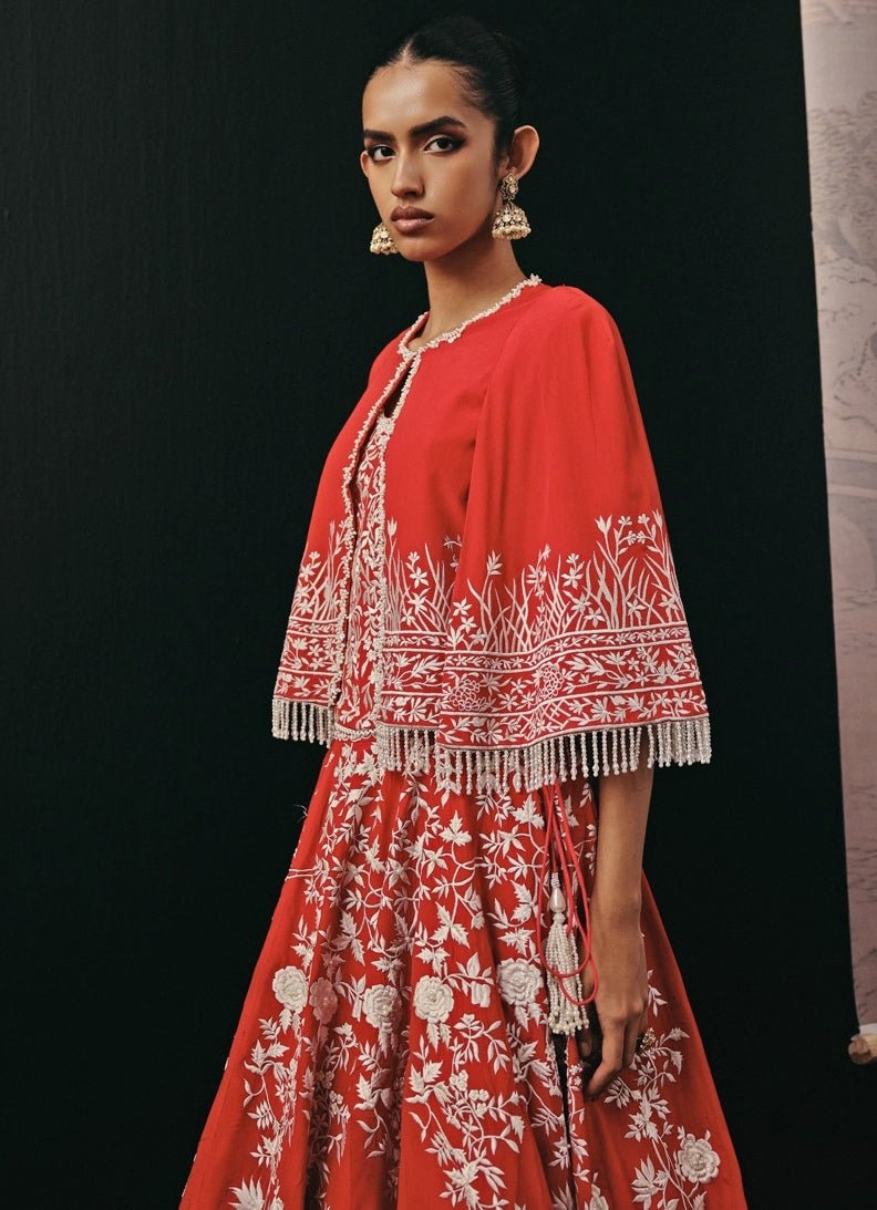 Red Crepe Silk Corset Lehenga With Cape Twenty Nine - Fabilicious Fashion