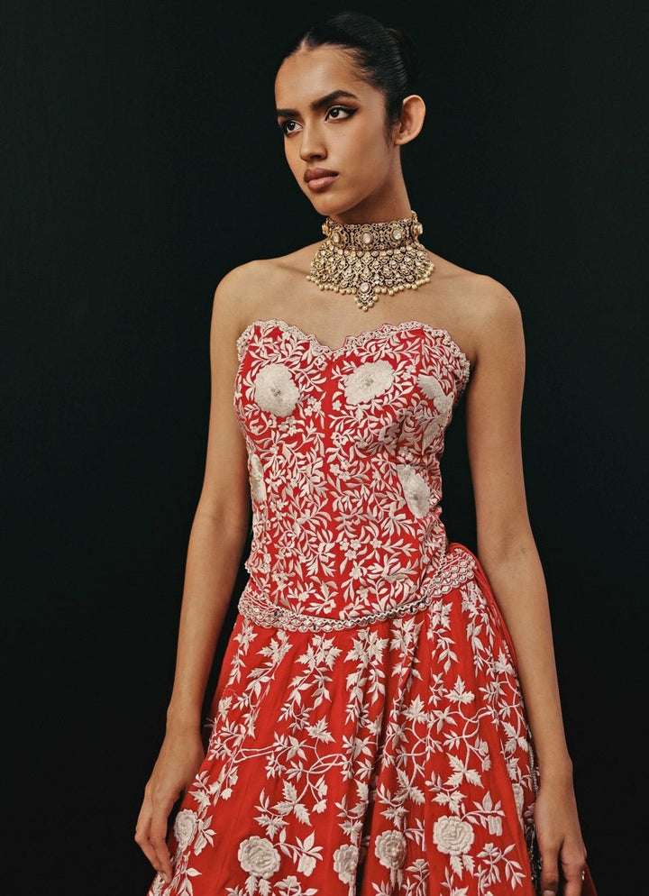 Red Crepe Silk Corset Lehenga With Cape Twenty Nine - Fabilicious Fashion