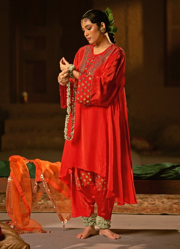 Red Crepe Silk High - Low Kurta Salwar Prahnaaya - Fabilicious Fashion