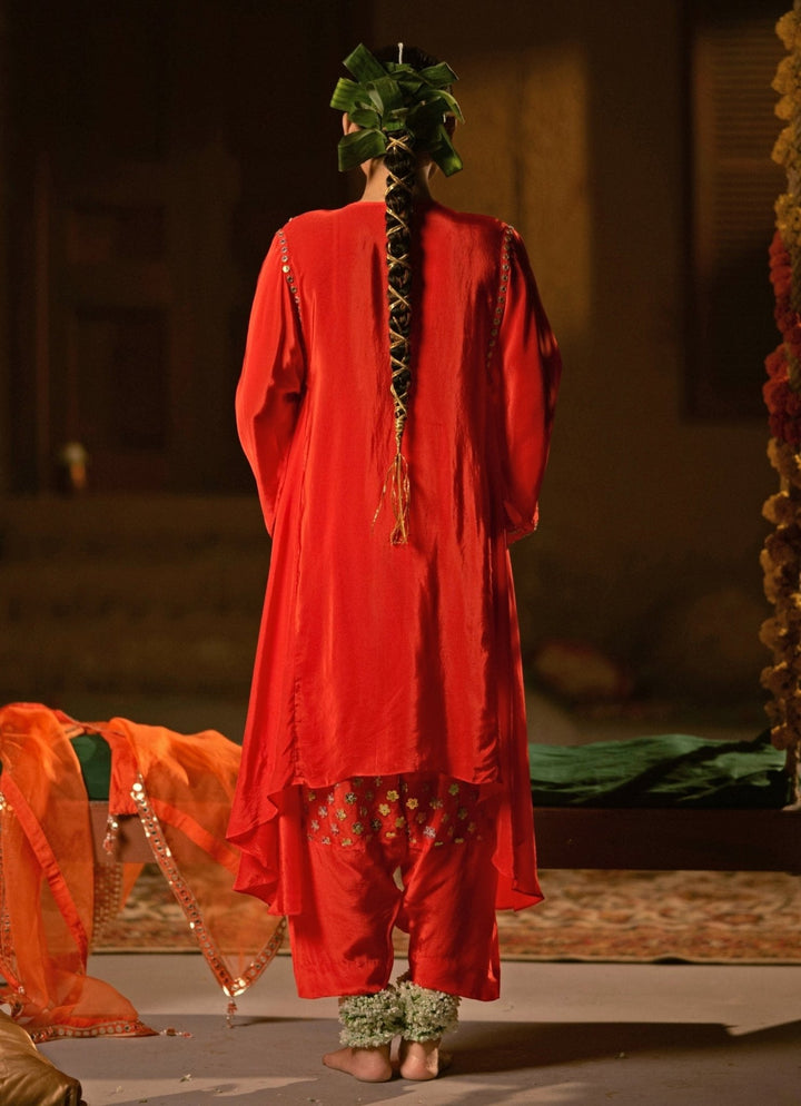 Red Crepe Silk High - Low Kurta Salwar Prahnaaya - Fabilicious Fashion