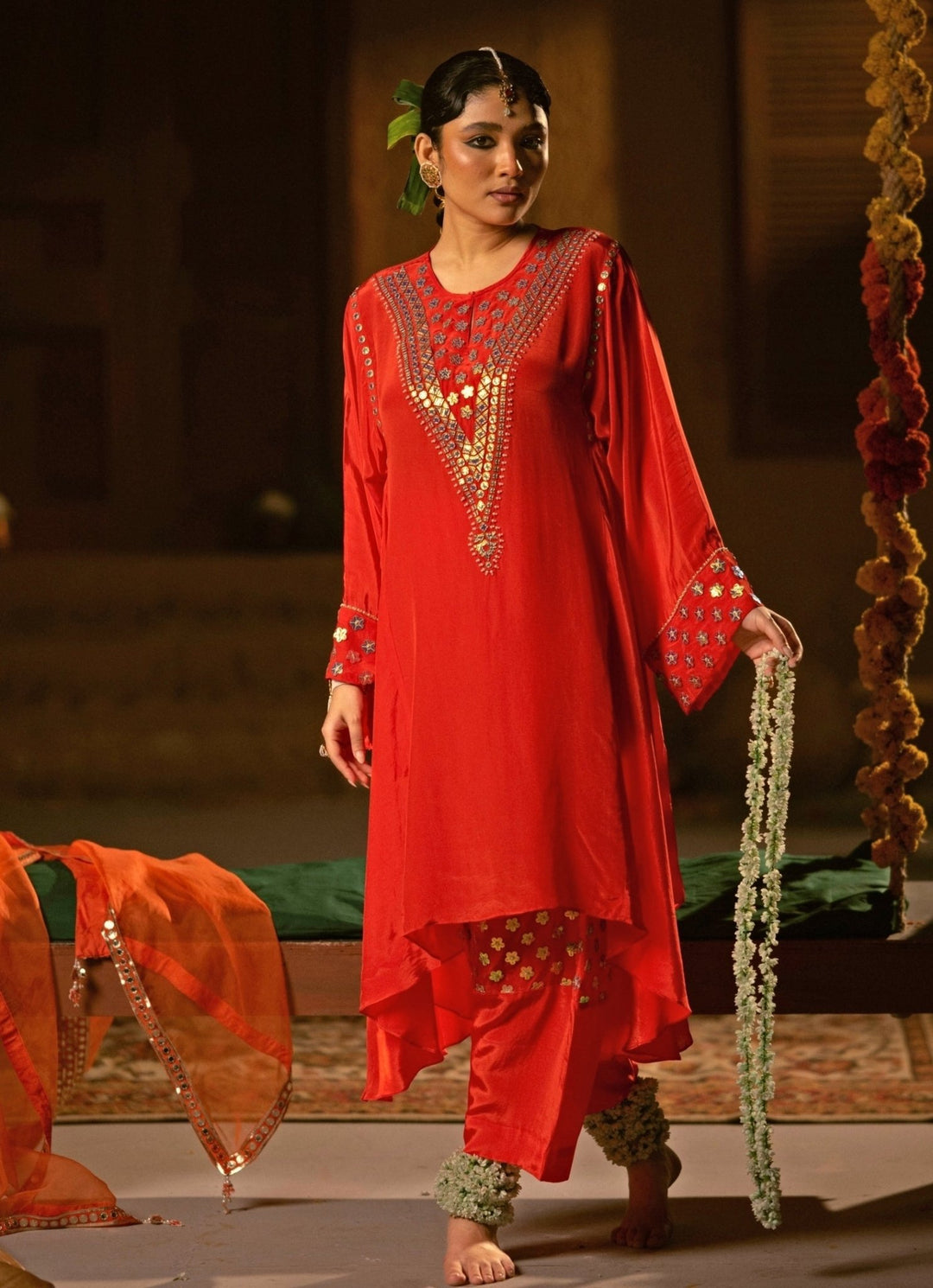 Red Crepe Silk High - Low Kurta Salwar Prahnaaya - Fabilicious Fashion