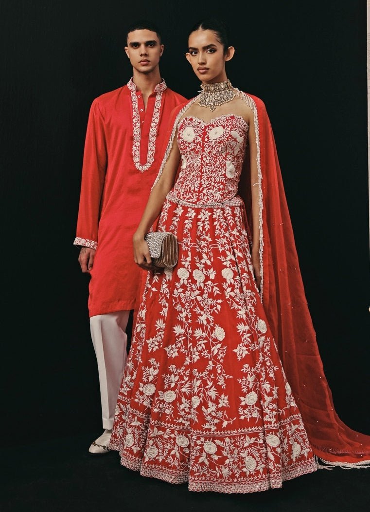 Red Crepe Silk Mirror Lehenga Set With Corset Twenty Nine - Fabilicious Fashion