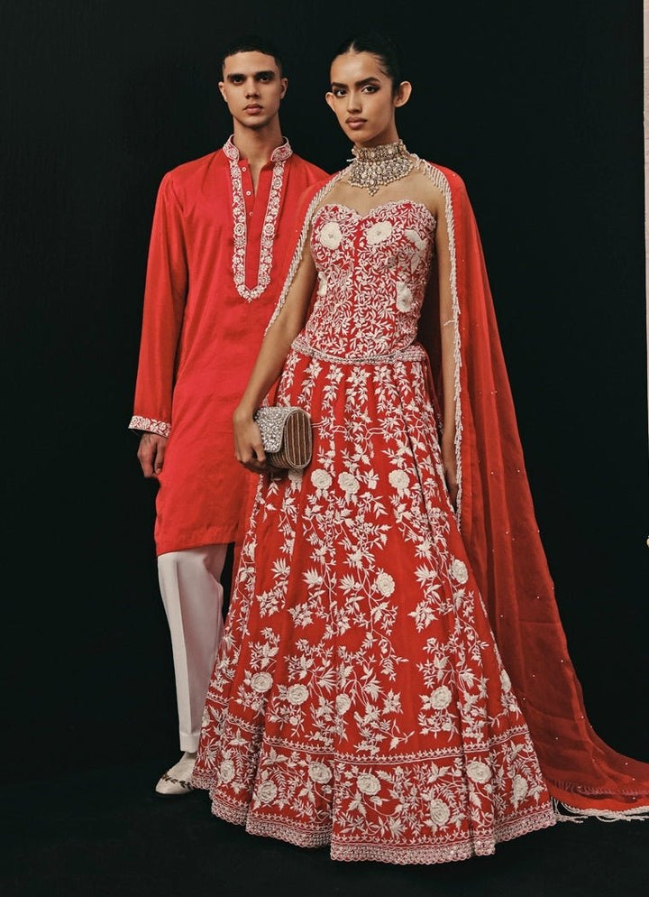 Red Crepe Silk Mirror Lehenga Set With Corset Twenty Nine - Fabilicious Fashion