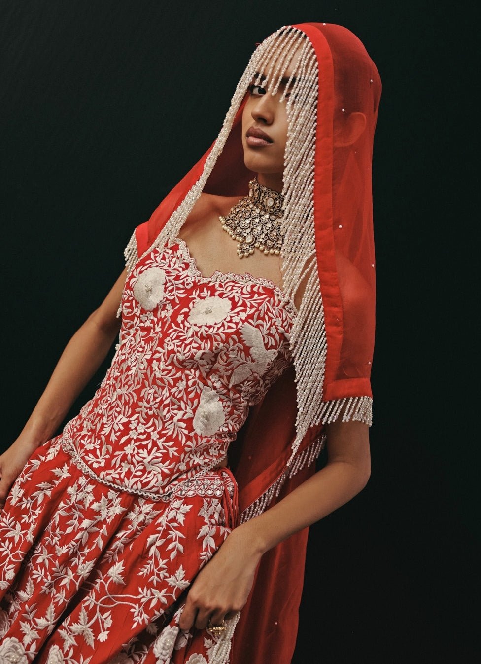 Red Crepe Silk Mirror Lehenga Set With Corset Twenty Nine - Fabilicious Fashion