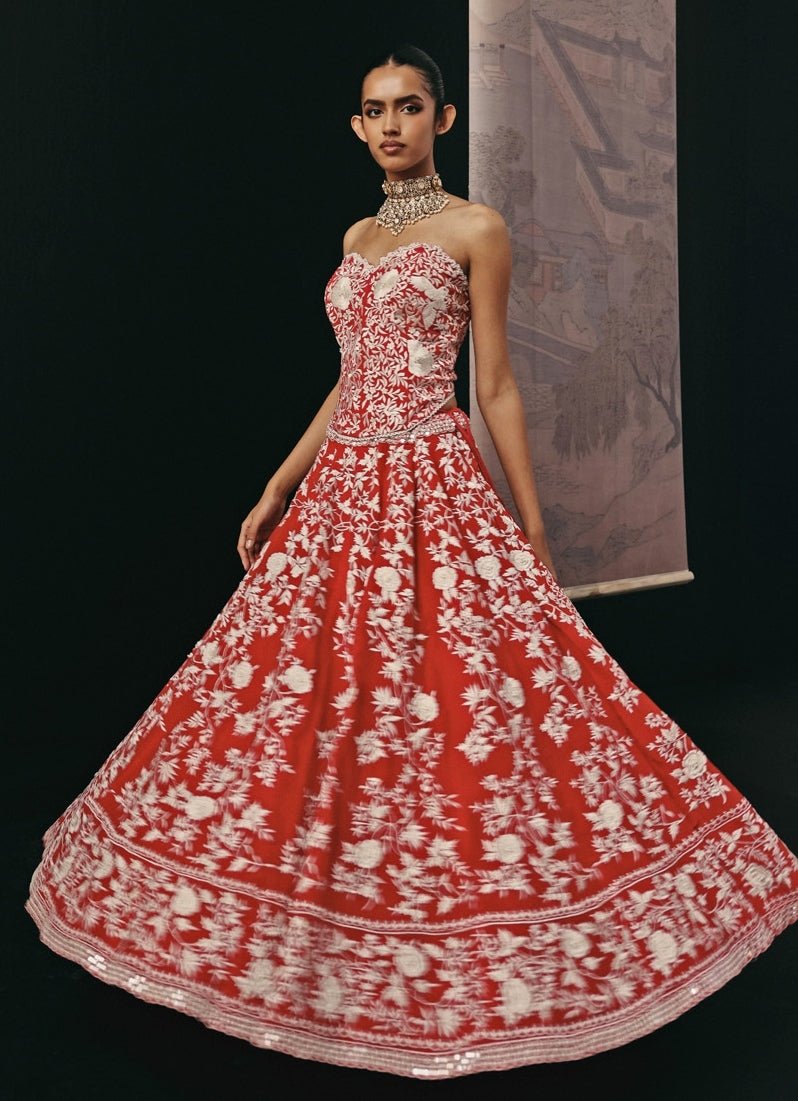 Red Crepe Silk Mirror Lehenga Set With Corset Twenty Nine - Fabilicious Fashion