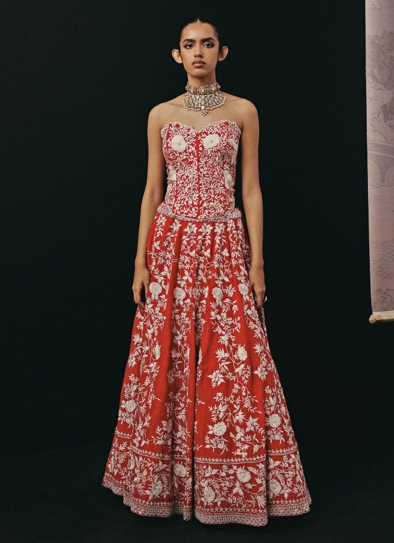 Red Crepe Silk Mirror Lehenga Set With Corset Twenty Nine - Fabilicious Fashion