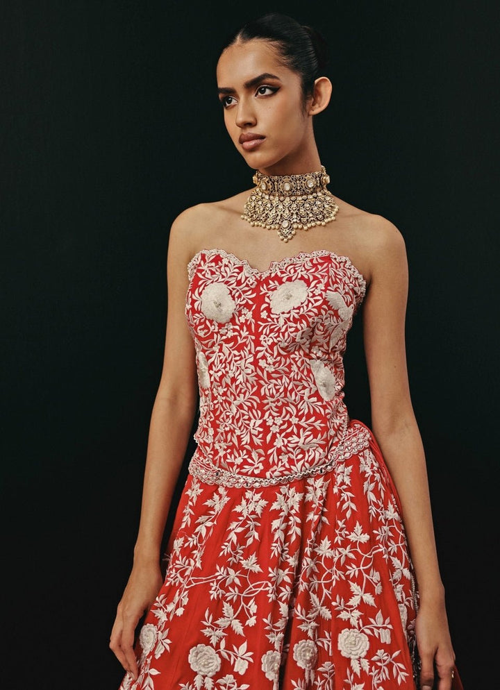 Red Crepe Silk Mirror Lehenga Set With Corset Twenty Nine - Fabilicious Fashion