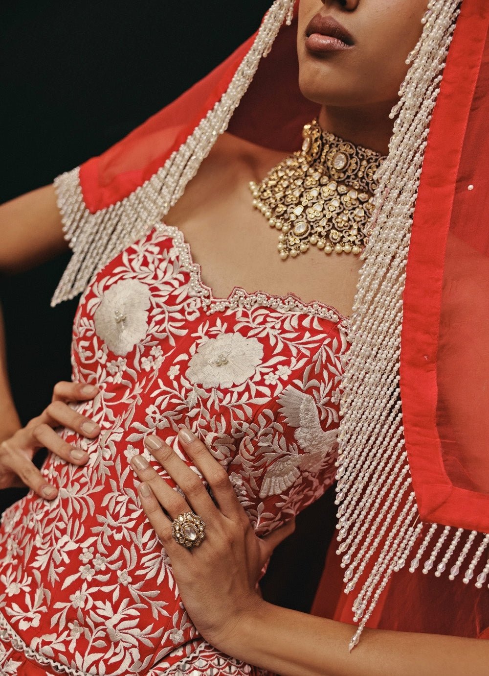 Red Crepe Silk Mirror Lehenga Set With Corset Twenty Nine - Fabilicious Fashion