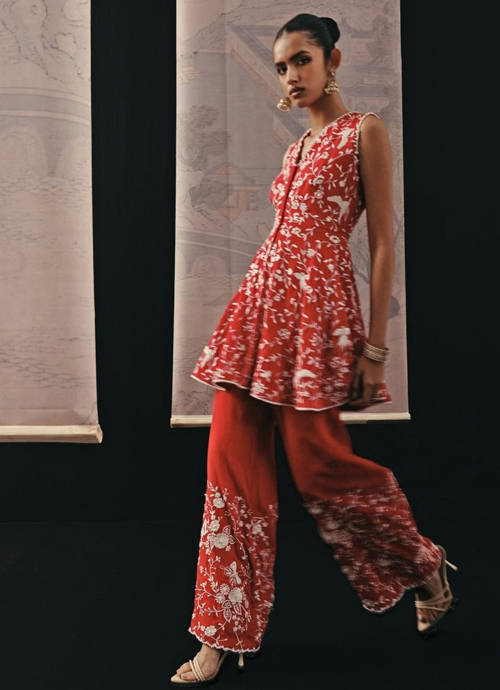 Red Crepe Silk Peplum Palazzo Set Twenty Nine - Fabilicious Fashion