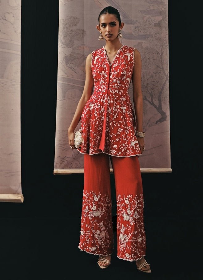 Red Crepe Silk Peplum Palazzo Set Twenty Nine - Fabilicious Fashion