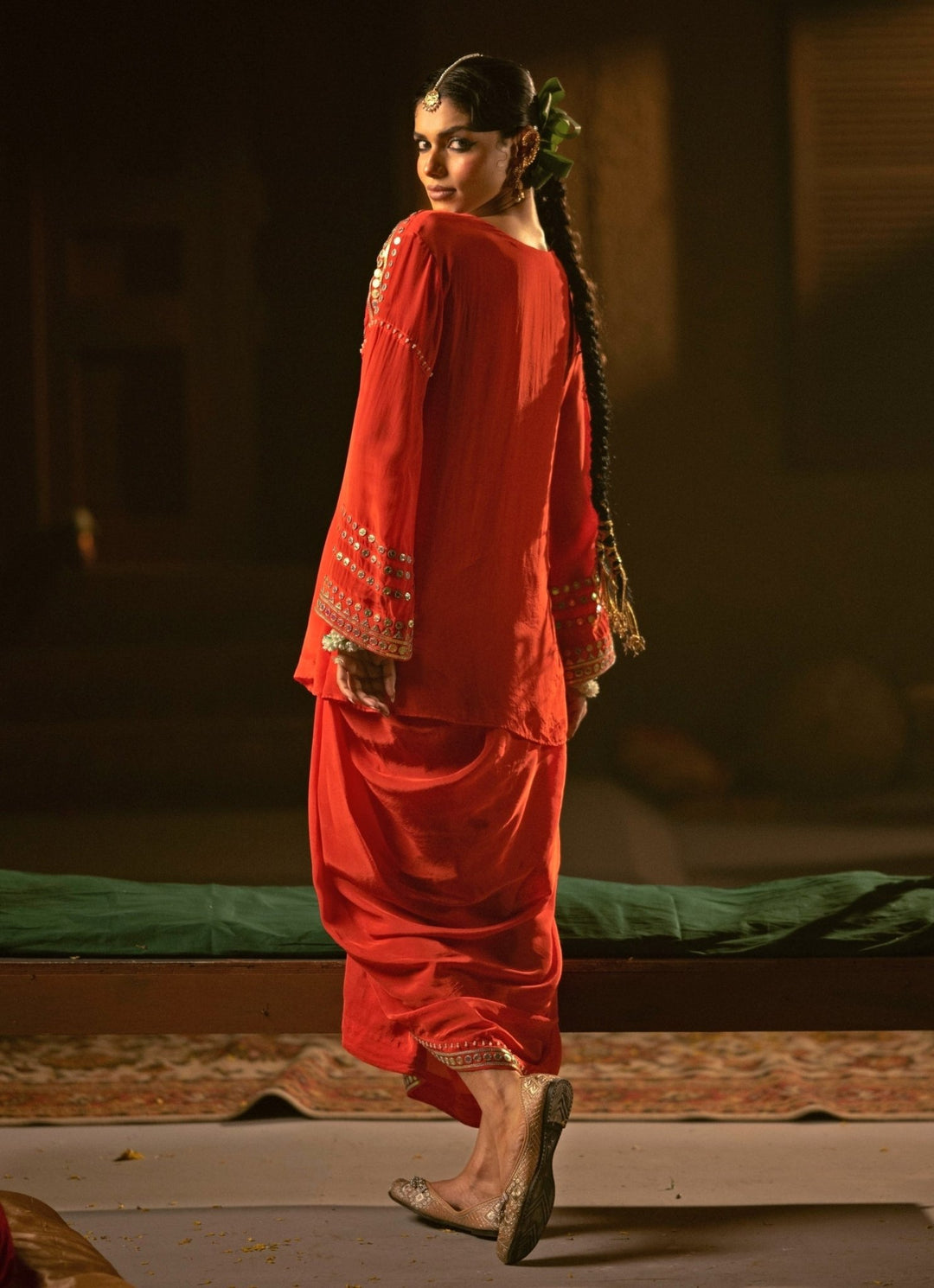 Red Crepe Silk Tunic Jacket With Drape Skirt Prahnaaya - Fabilicious Fashion