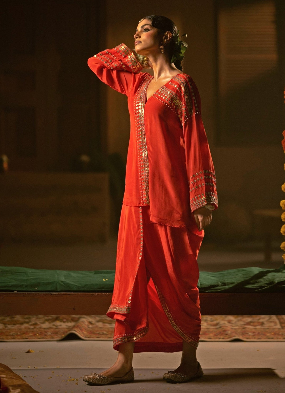 Red Crepe Silk Tunic Jacket With Drape Skirt Prahnaaya - Fabilicious Fashion