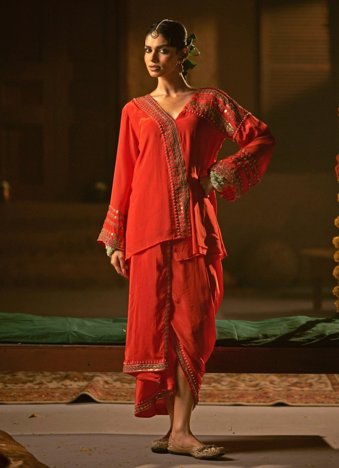 Red Crepe Silk Tunic Jacket With Drape Skirt Prahnaaya - Fabilicious Fashion