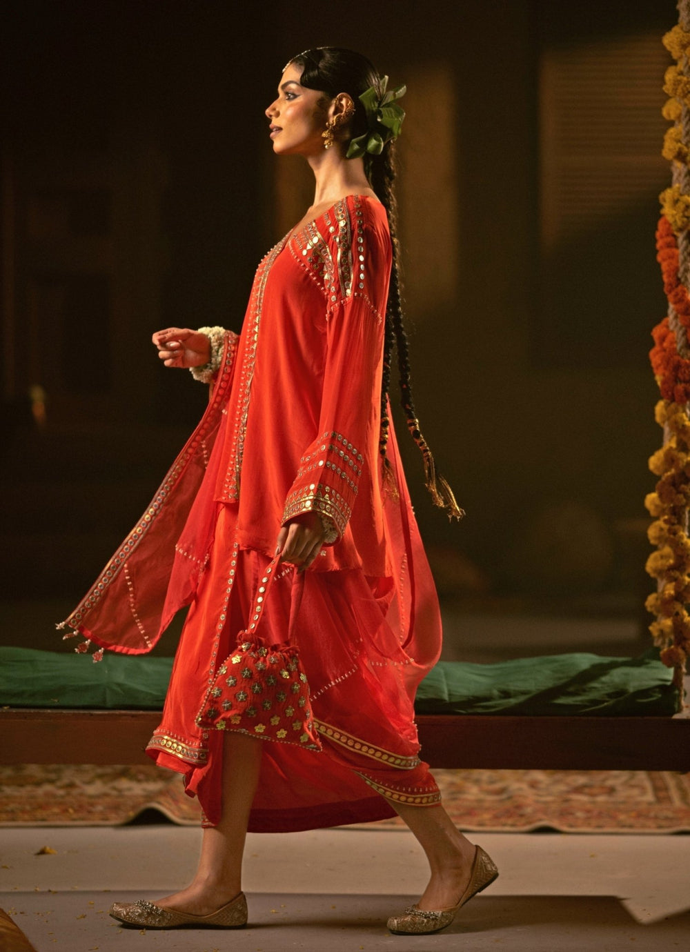 Red Crepe Silk Tunic Jacket With Drape Skirt Prahnaaya - Fabilicious Fashion