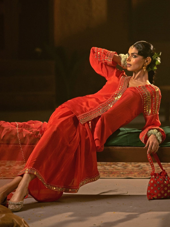 Red Crepe Silk Tunic Jacket With Drape Skirt Prahnaaya - Fabilicious Fashion