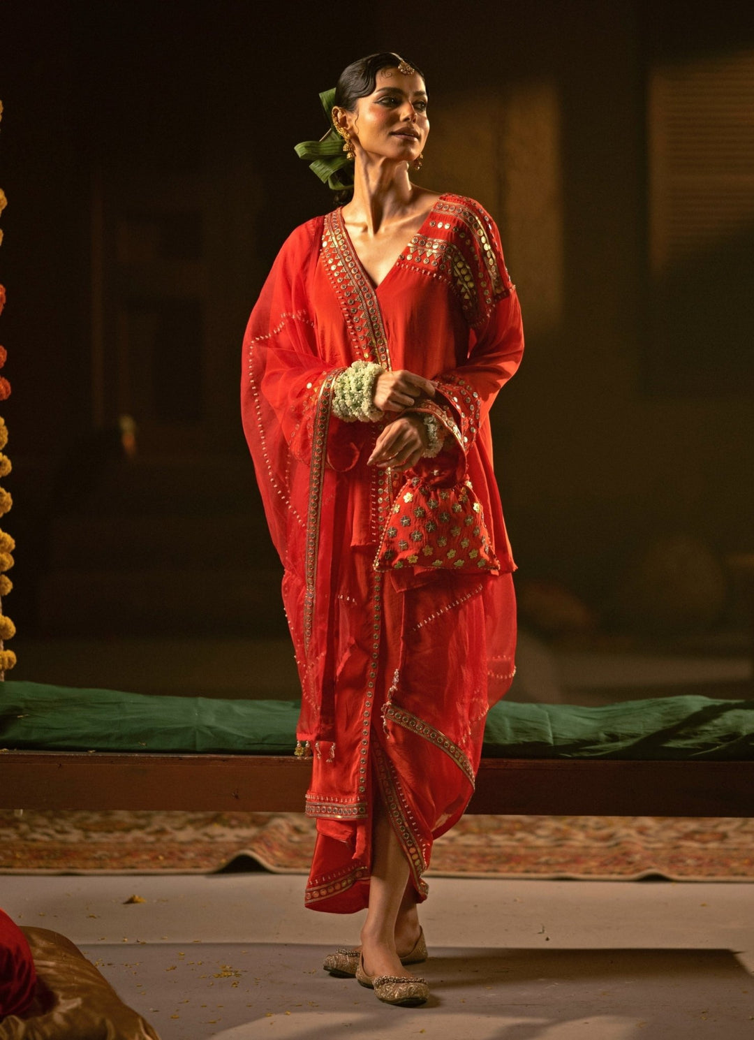 Red Crepe Silk Tunic Jacket With Drape Skirt Prahnaaya - Fabilicious Fashion