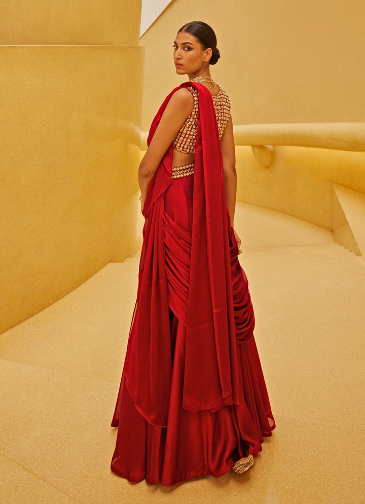 Red Draped Georgette Saree Set With Belt Prevasu - Fabilicious Fashion
