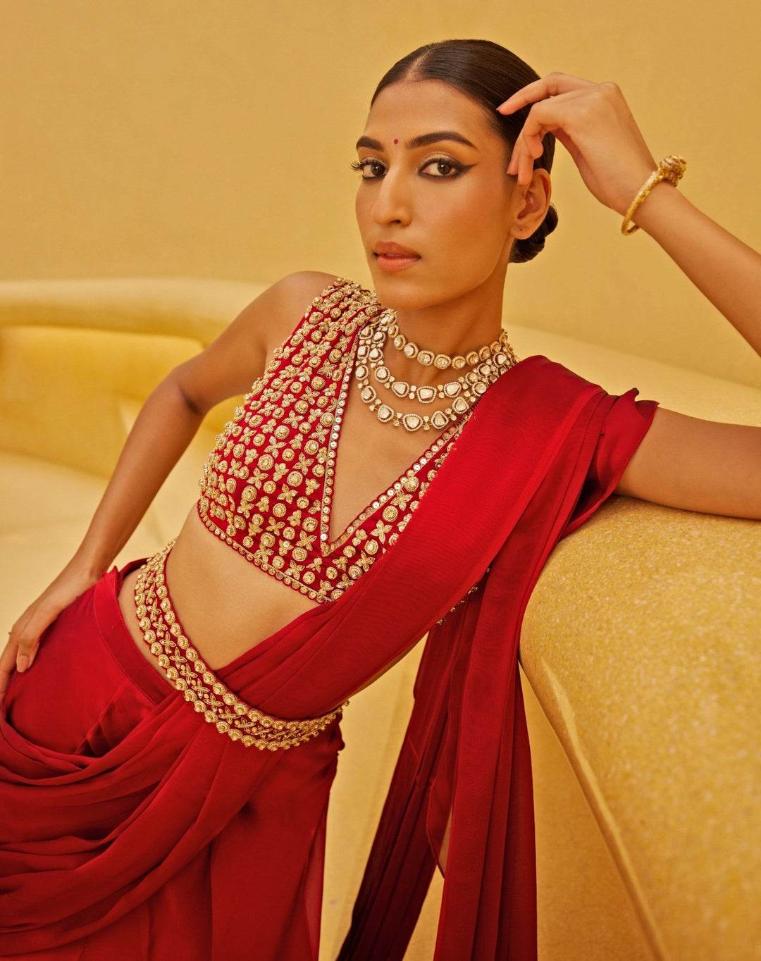 Red Draped Georgette Saree Set With Belt Prevasu - Fabilicious Fashion
