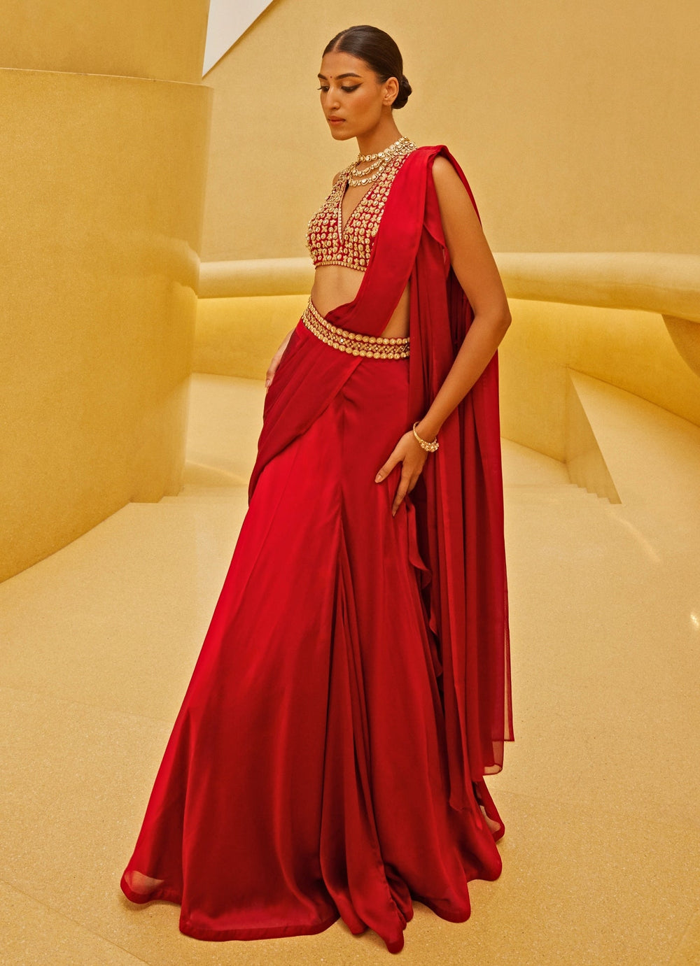 Red Draped Georgette Saree Set With Belt Prevasu - Fabilicious Fashion
