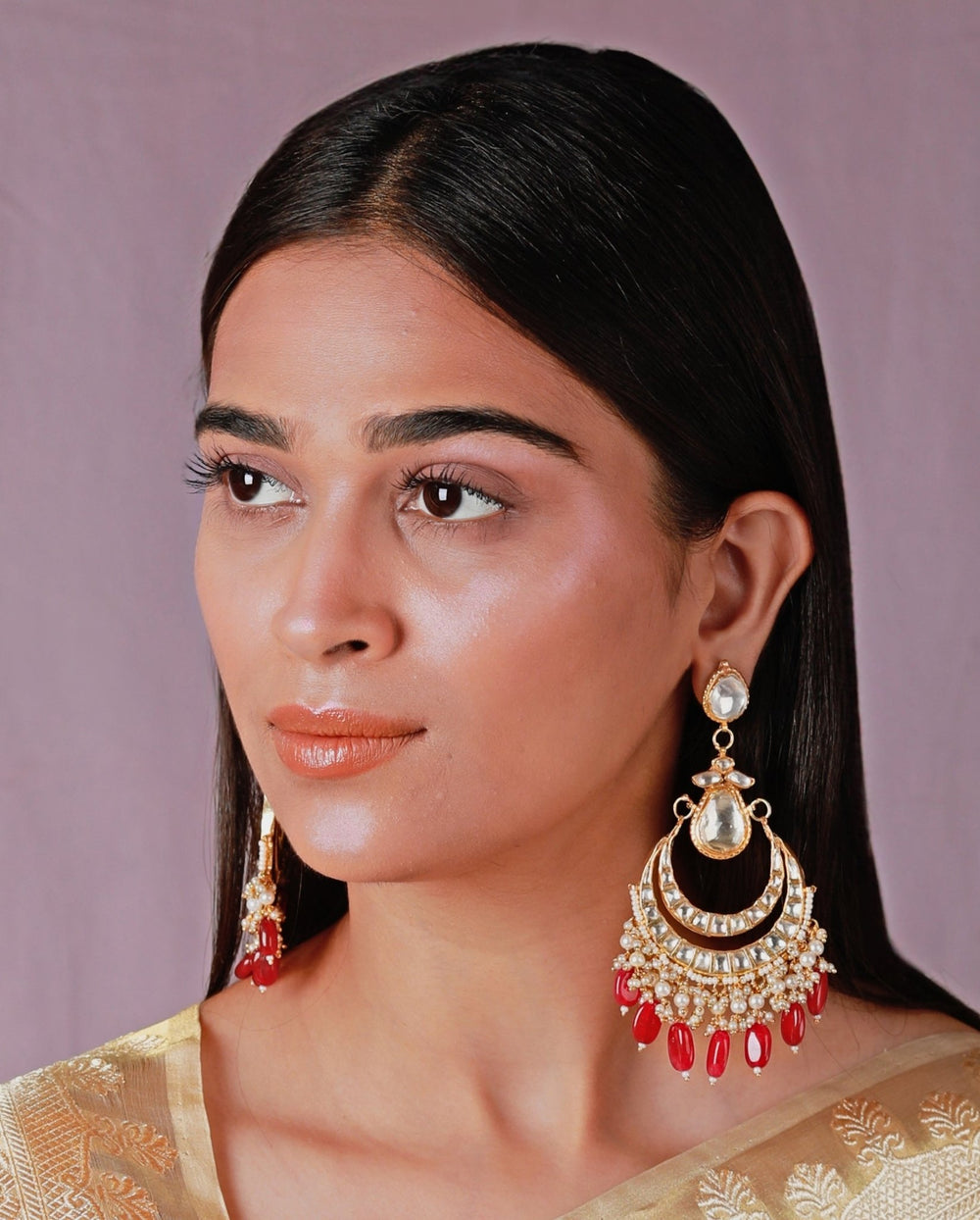 Red Drops Kundan Chandbali Dangler Earrings Riana by Shikha Jindal - Fabilicious Fashion