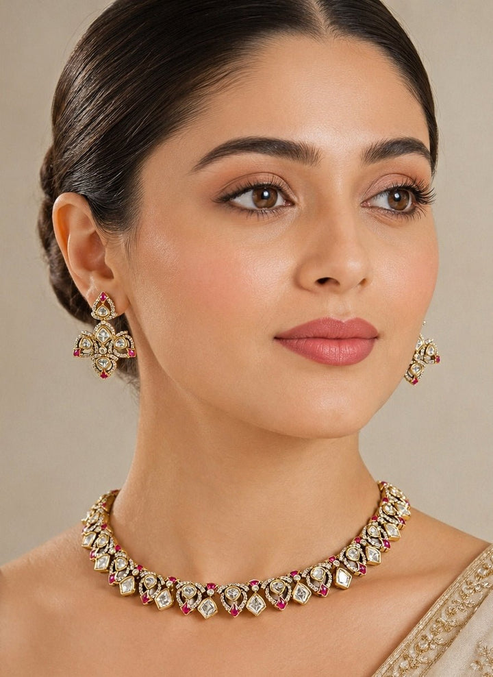 Zevar by Geeta Red Dual Tone Polki Necklace SetFabilicious Fashion