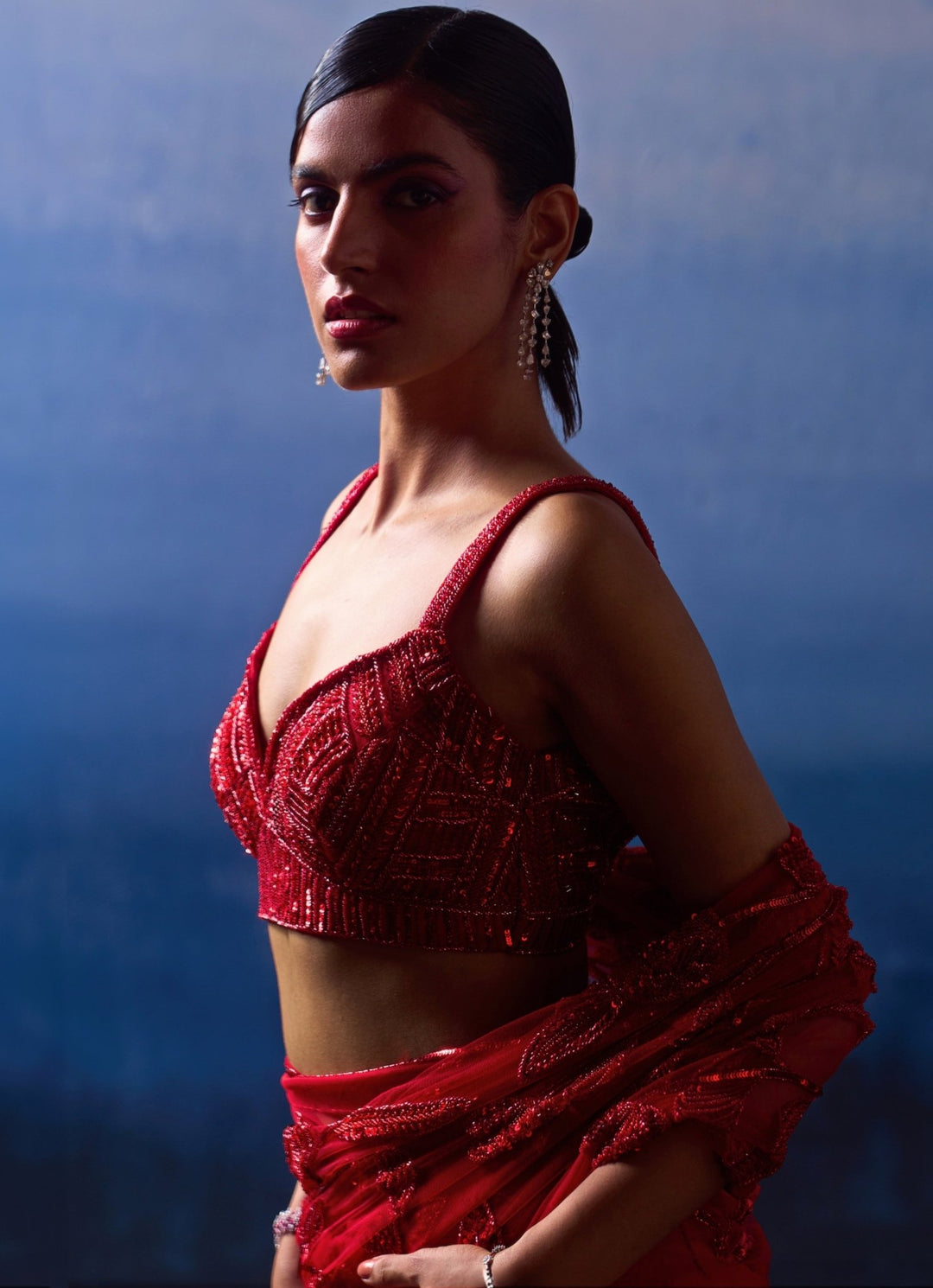 Red Embellished Floral Sequined Bridal Saree Angad Singh - Fabilicious Fashion