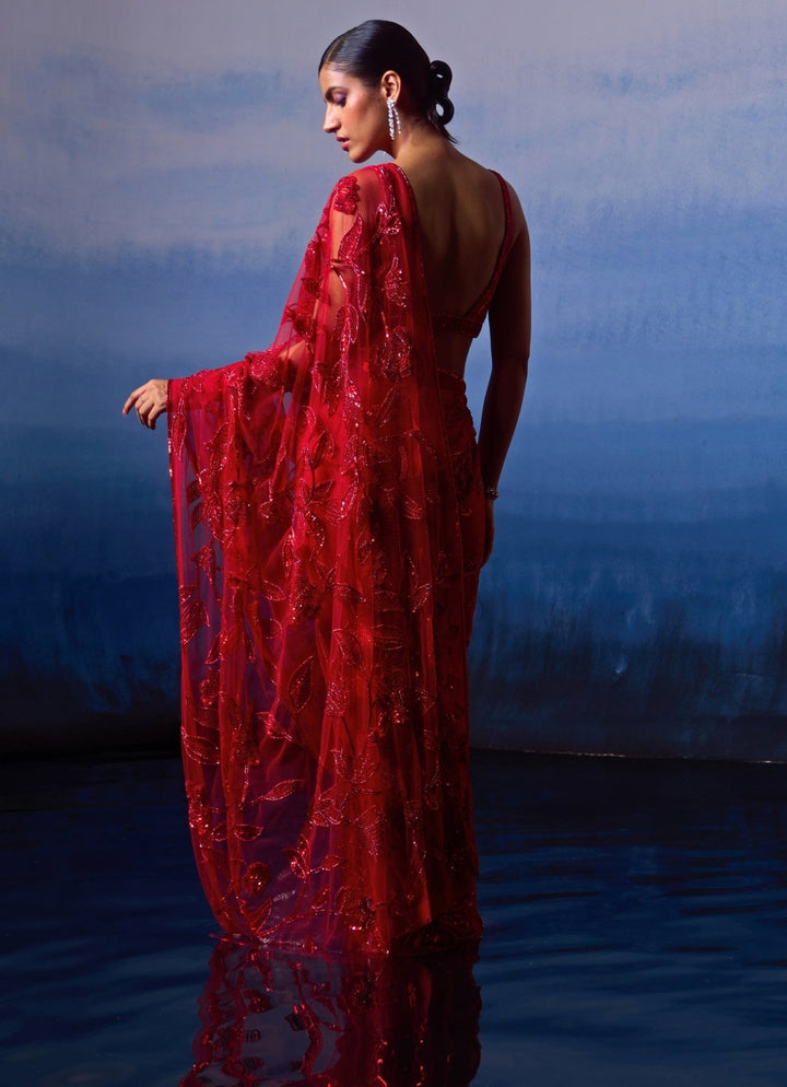 Red Embellished Floral Sequined Bridal Saree Angad Singh - Fabilicious Fashion