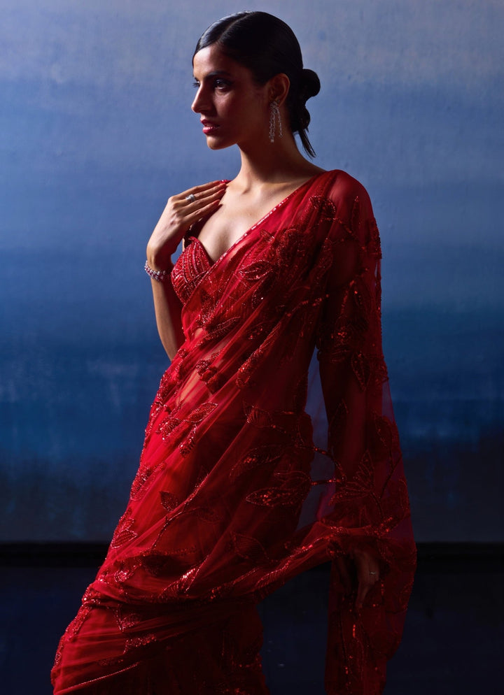 Red Embellished Floral Sequined Bridal Saree Angad Singh - Fabilicious Fashion