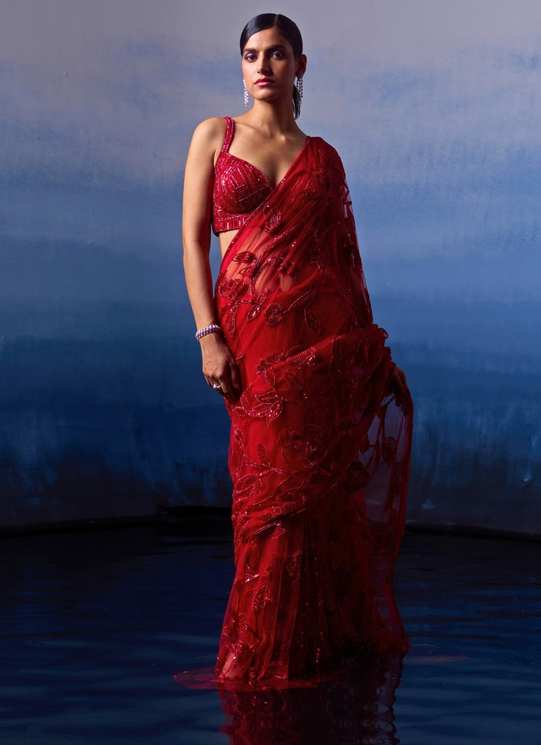 Red Embellished Floral Sequined Bridal Saree Angad Singh - Fabilicious Fashion