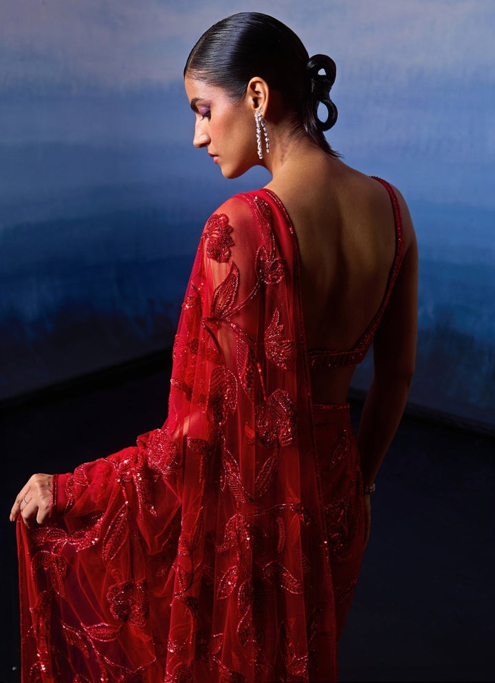 Red Embellished Floral Sequined Bridal Saree Angad Singh - Fabilicious Fashion