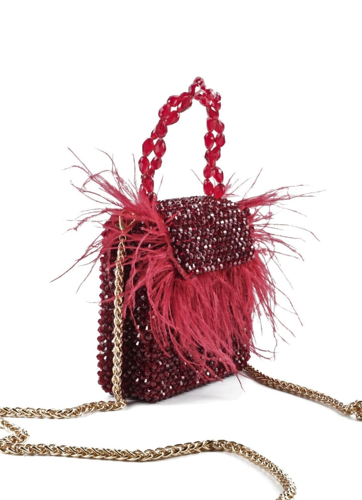 Red Embellished Mini Bag With Feathers House of Kosha - Fabilicious Fashion