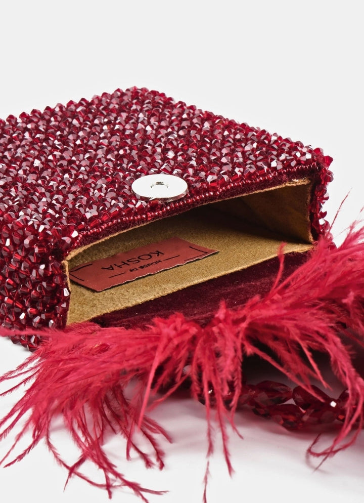 Red Embellished Mini Bag With Feathers House of Kosha - Fabilicious Fashion