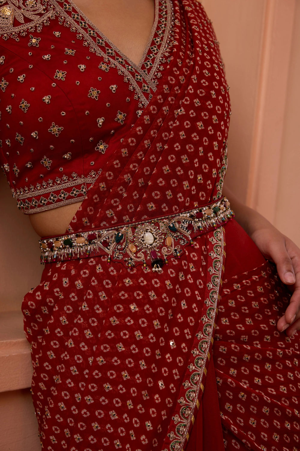 Red Embroidered And Jewel Encrusted Belt Isha Gupta Tayal - Fabilicious Fashion